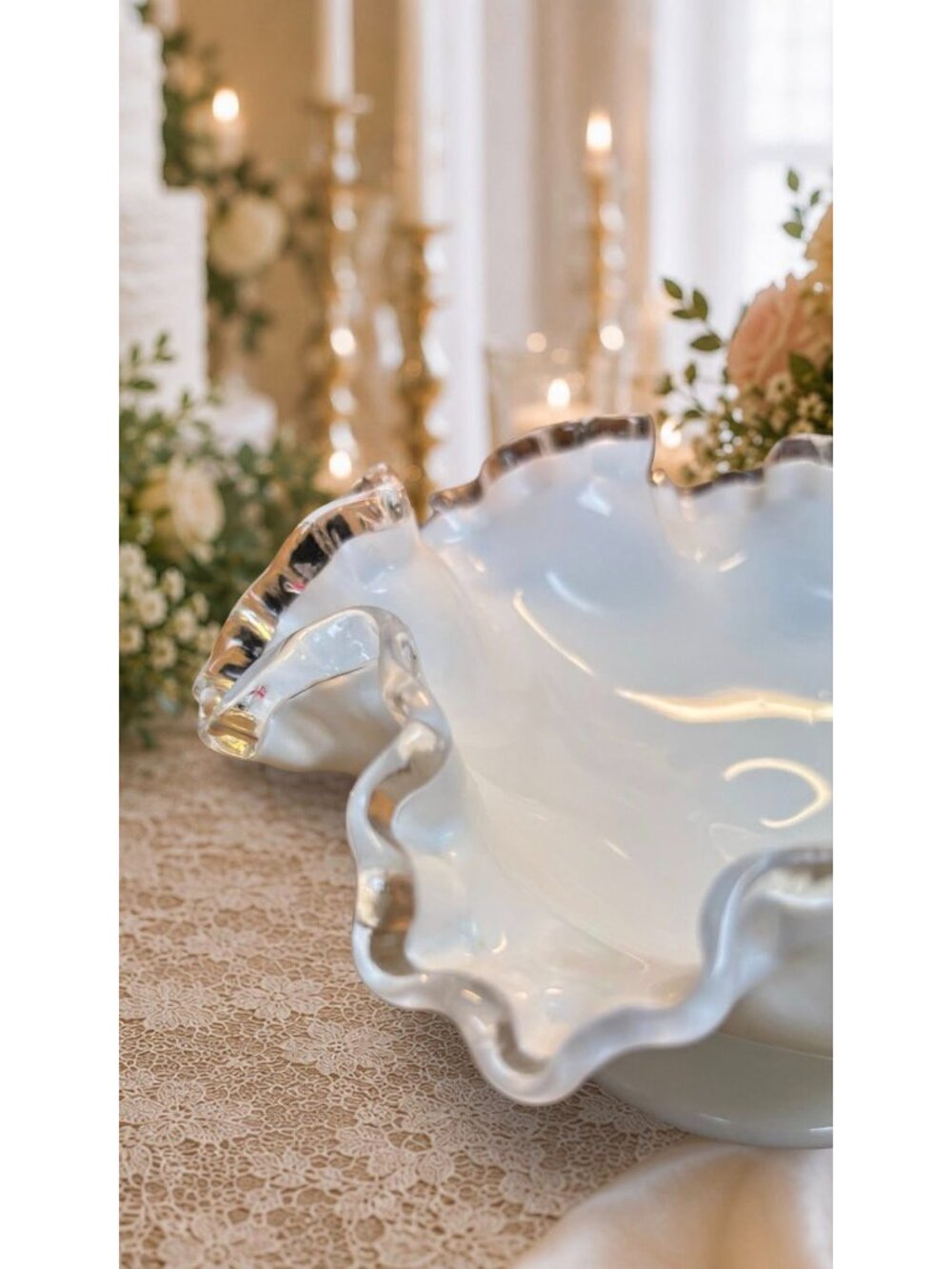 Fenton Milk Glass Bowl Silver Crest Ruffled Edge Pedestal Compote Candy Dish - Picture 5 of 7